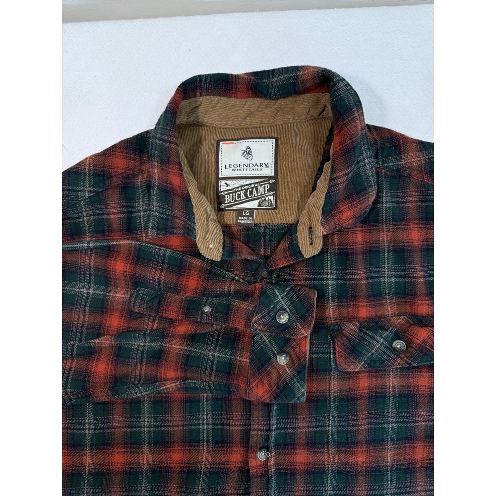 Legendary Whitetails Buck Camp Flannel Shirt Men L RedGreen Plaid Cotton Outdoor